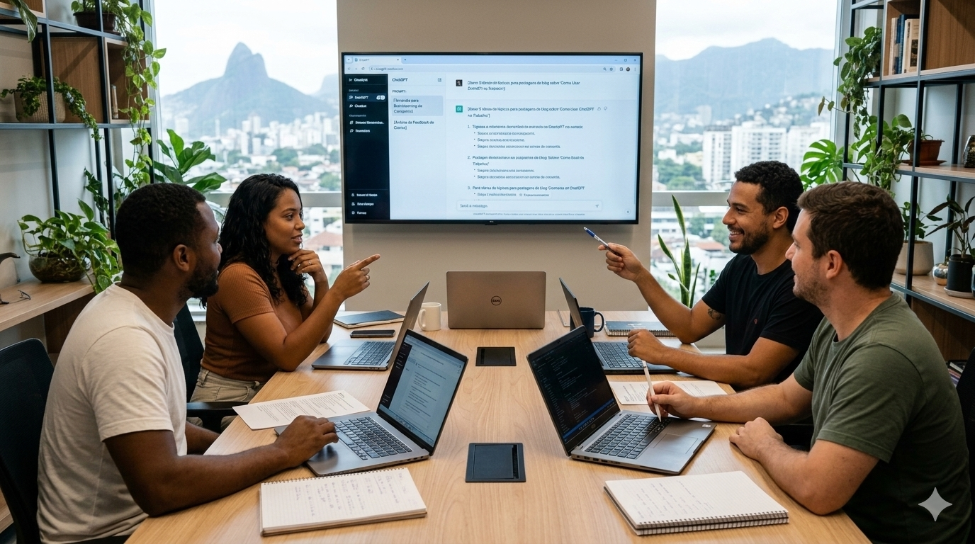 Team planning a prompt workflow with ChatGPT on a shared screen